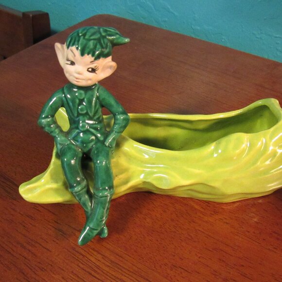 Green California Pottery Elf on a Log Ceramic Planter - Picture 1 of 3